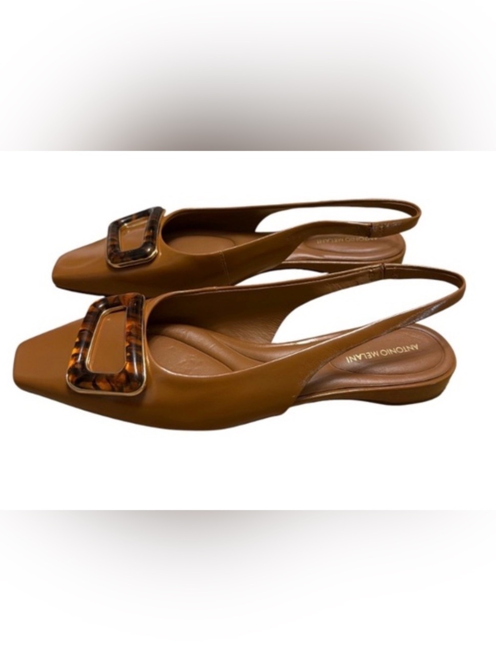 🏷️ Antonio Melani Cognac brown leather tortoise shell buckle slingback flats